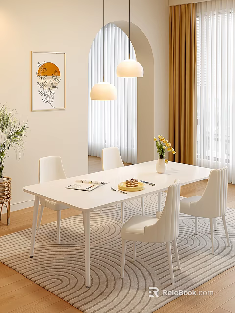 Modern Restaurant Dining Area With White Table Chairs Flower Vase Wall Art And Pendant Lights 3d model 
