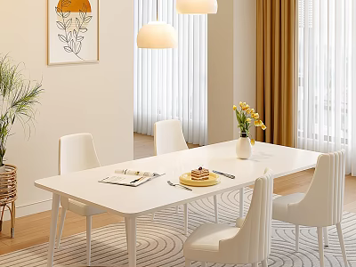 Modern Restaurant Dining Area With White Table Chairs Flower Vase Wall Art And Pendant Lights 3d model