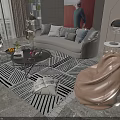 Modern Gray Sofa Coffee Table Combination with Plush Pillows on Geometric Pattern Rug and Bean Bag Chair
