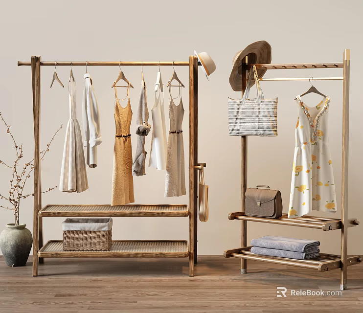 Wooden Clothes Racks With Various Clothes Hats Bags And Towels 3d model 