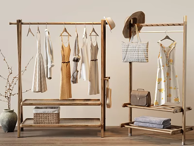 Wooden Clothes Racks With Various Clothes Hats Bags And Towels 3d model