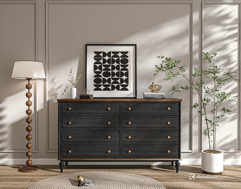 Elegant Dark Console Cabinet With Drawers Decorative Art Floor Lamp Green Plant And Rug 3d model 