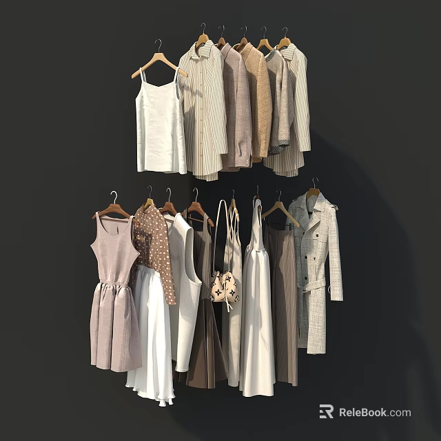 Stylish Hanging Clothes Collection With Various Styles Dresses Coats And Neutral Colors 3d model 