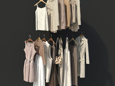 Stylish Hanging Clothes Collection With Various Styles Dresses Coats And Neutral Colors 3d model