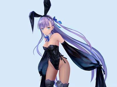 Game Movie Character With Purple Long Hair Black Rabbit Ears Blue Bow Black Strapless Outfit 3d model