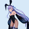 Game Movie Character With Purple Long Hair Black Rabbit Ears Blue Bow Black Strapless Outfit