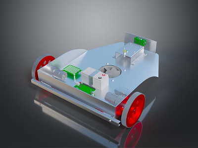 Small Mechanical Device With Silver Body Red Wheels And Green White Components 3d model