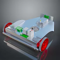 Small Mechanical Device With Silver Body Red Wheels And Green White Components 3d model
