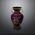 Elegant Purple Vase With Golden Patterns Loop Handles And Black Base