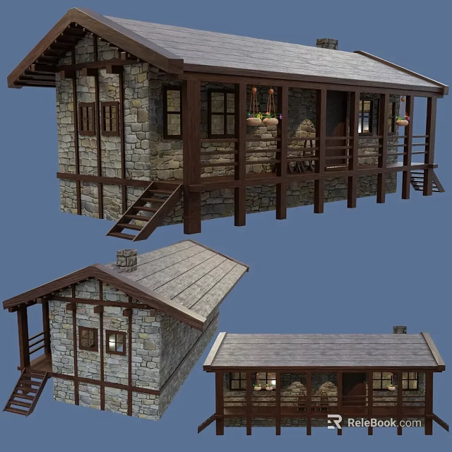 Traditional Stone Wooden House Design With Gray Roof Balcony And Staircase 3d model 