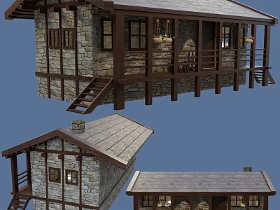 Traditional Stone Wooden House Design With Gray Roof Balcony And Staircase 3d model