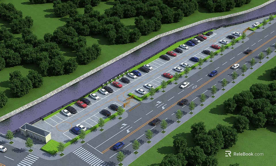 Well Designed Parking Lot With Organized Spaces Parked Cars Green Trees And Adjacent Road 3d model 