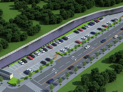 Well Designed Parking Lot With Organized Spaces Parked Cars Green Trees And Adjacent Road 3d model