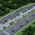 Well Designed Parking Lot With Organized Spaces Parked Cars Green Trees And Adjacent Road
