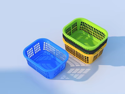 Blue Green And Yellow Plastic Storage Baskets With Grid Design Stacked For Home Organization 3d model