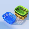 Blue Green And Yellow Plastic Storage Baskets With Grid Design Stacked For Home Organization