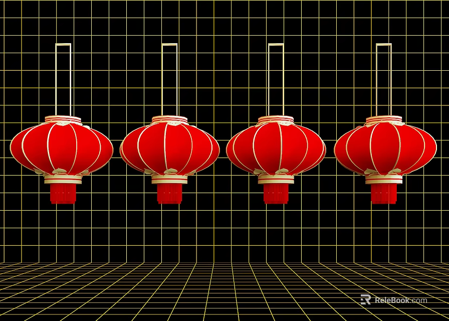 Four Red Traditional Chinese Style Lanterns Hanging On Black Grid Background 3d model 