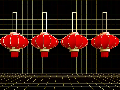 Four Red Traditional Chinese Style Lanterns Hanging On Black Grid Background 3d model