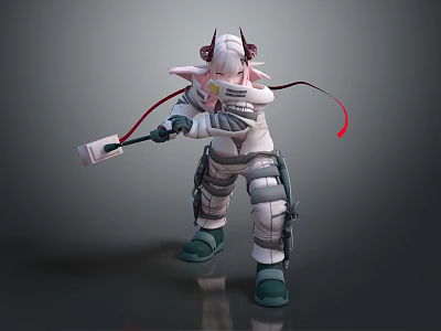 Game Movie Character In White Armor With Red Horns Holding Hammer And Red Ribbons 3d model