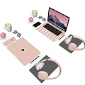 Stylish Pink Laptop and Tablet with Headphones Smartphone Coffee Cup Cupcake Sunglasses