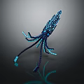 Intricate Glowing Blue Biological Sculpture With Extended Tentacles On Dark Background