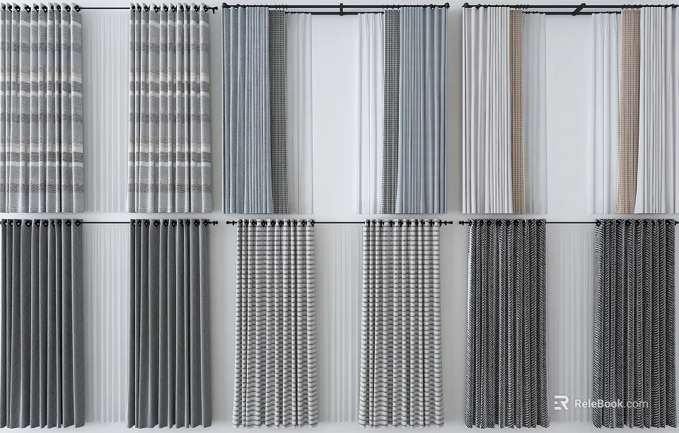 Various Stylish Curtains in Neutral Tones with Striped Checkered and Herringbone Patterns for Home Window Decor 3d model 