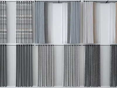 Various Stylish Curtains in Neutral Tones with Striped Checkered and Herringbone Patterns for Home Window Decor 3d model