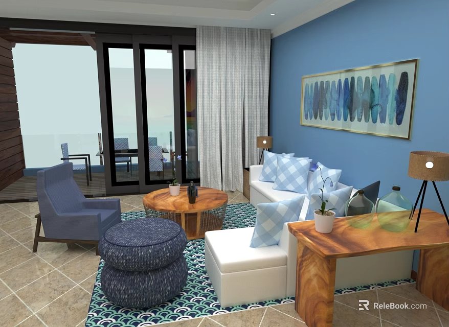 Modern Cozy Blue Themed Living Room With Warm Wooden Furniture And Large Glass Sliding Doors 3d model 