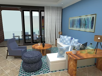 Modern Cozy Blue Themed Living Room With Warm Wooden Furniture And Large Glass Sliding Doors 3d model