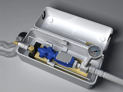 Durable Industrial Equipment With Metal Enclosure Blue Valve Pressure Gauge And Pipes 3d model