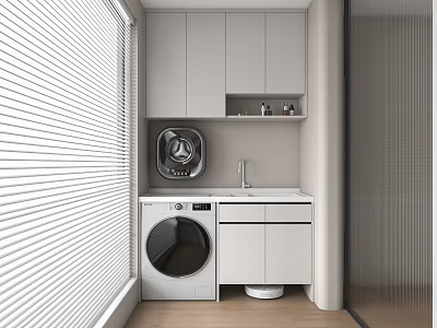 Minimalist Home Balcony Interior Design With White Blinds Gray Cabinets Washing Machine And Sink 3d model