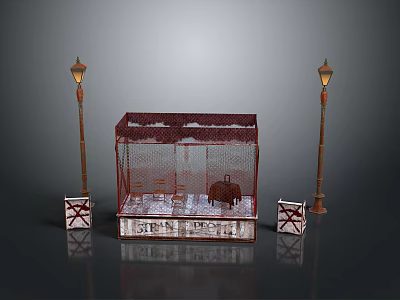 Red Glass Display Cabinet With Intricate Cutout Design White Marble Base Street Lamps Decorative Blocks 3d model