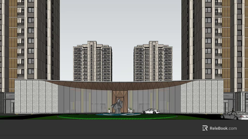 Modern High Rise Residential Buildings With Central Entrance Fountain Car And Green Landscape 3d model 