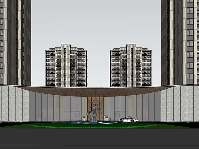 Modern High Rise Residential Buildings With Central Entrance Fountain Car And Green Landscape 3d model