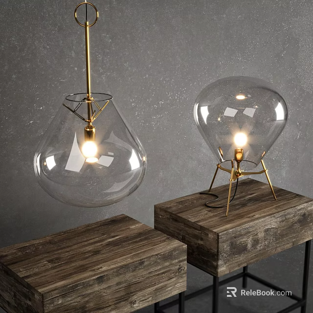 Modern Glass Pendant and Table Lamp Combination with Metal Stand and Wooden Base 3d model 