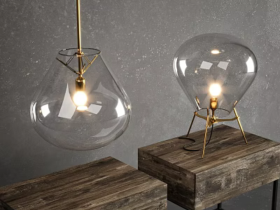 Modern Glass Pendant and Table Lamp Combination with Metal Stand and Wooden Base 3d model