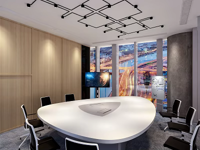 Modern Meeting Room With Round White Conference Table Black Chairs Grid Ceiling And City View 3d model