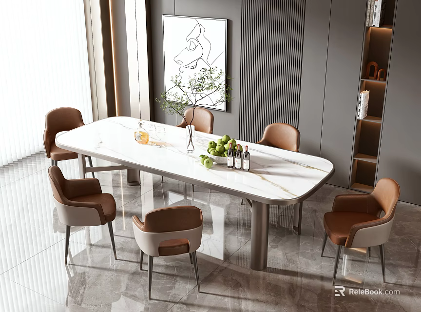 Modern Dining Table Set With Marble Top Beige Brown Chairs Green Plants And Wall Art Interior 3d model 