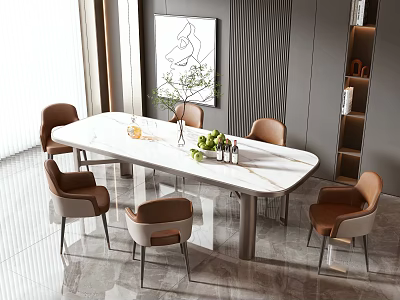 Modern Dining Table Set With Marble Top Beige Brown Chairs Green Plants And Wall Art Interior 3d model