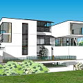 Modern Single Family House Exterior With Large Glass Windows And Greenery Courtyard