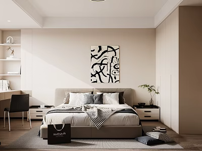 Modern Bedroom Interior With Abstract Wall Art Bed Nightstands Built In Wardrobes And Desk Chair 3d model
