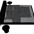Black Double Bed with Gray Sheets Black Pillows and Small Round Tables 3d model