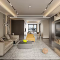 Modern Living and Dining Room Interior With Sofa Coffee Table Dining Set and Modern Lighting