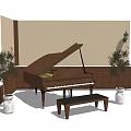 Elegant Wooden Grand Piano With Matching Bench Potted Trees Against Wall Under Blue Sky