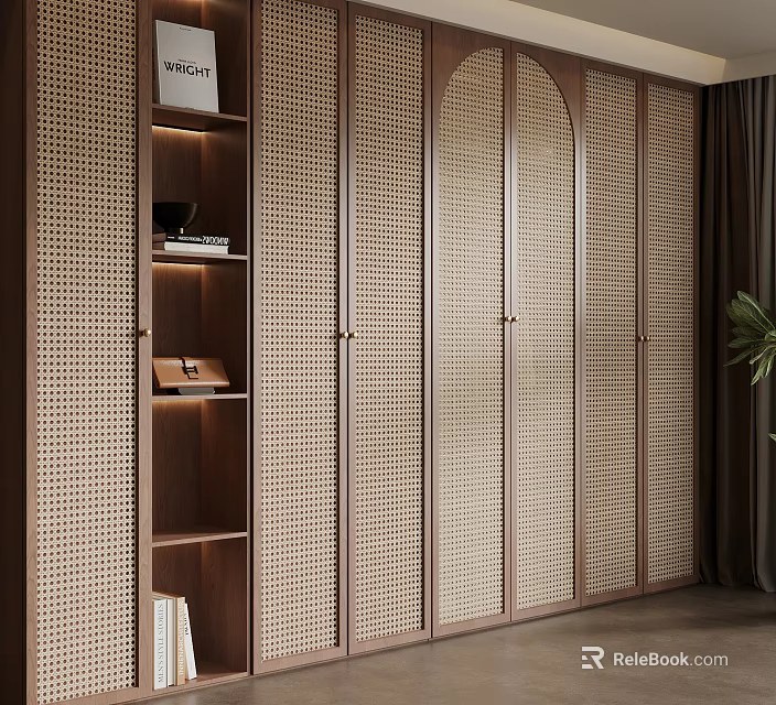 Modern Wardrobe Interior Design With Wooden Frame Rattan Doors Open Shelves And Built-in Lighting 3d model 