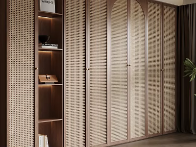 Modern Wardrobe Interior Design With Wooden Frame Rattan Doors Open Shelves And Built-in Lighting 3d model