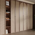 Modern Wardrobe Interior Design With Wooden Frame Rattan Doors Open Shelves And Built-in Lighting