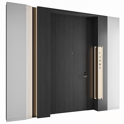 Modern Dark Wood Entrance Door With Metal Handle Door Number And Frame Design 3d model