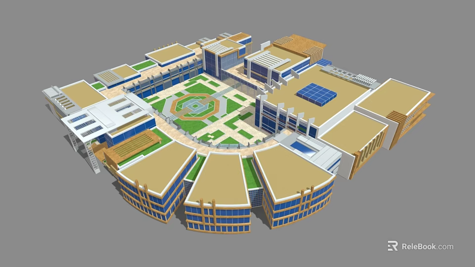 Cartoon Scene of Round Building Complex With Central Green Courtyard and Multi story Blue Windows 3d model 