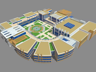 Cartoon Scene of Round Building Complex With Central Green Courtyard and Multi story Blue Windows 3d model